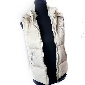 Puffer Jacket Sleeveless Mixed Media Pockets Full Zip Hood Cream Size Medium